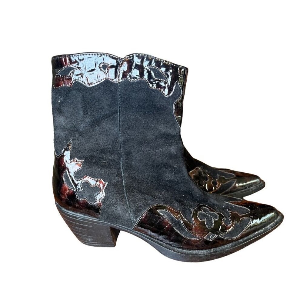 Western Metallic Suede Boot 8.5M Black Flames Pointed Bronze Boho Cowgirl 80s
